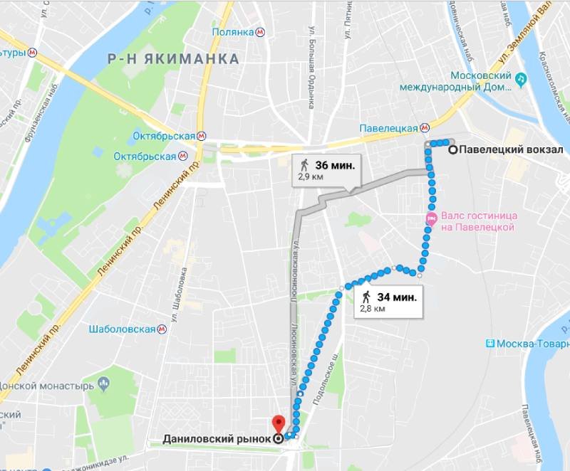 Пеший маршрут от Павелецкого вокзала к Даниловскому рынку.