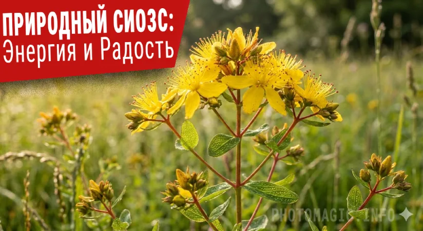 Зверобой продырявленный, фотореалистичное изображение цветов и листьев для статьи про антидепрессант.